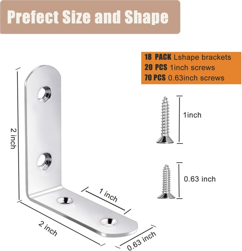 YIVCKOM 18-Pack L Shape Corner Brackets, Stainless Steel Metal Angle Braces for Wood Furniture, Heavy Duty Black 2 inch Shelf Bracket with Long Screws for Household Project (L Shape Silver) - Image 3